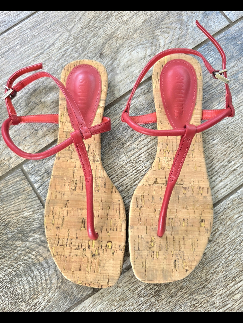 Schultz Elsha Red Cork T-Strap Thong Women's Sandals Sz 6.5